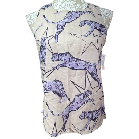 NWT Las Surenas Linen Sleeveless Top Blue Leopard Stars Summer Beach Medium $132 - Picture 3 of 5